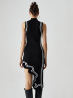 Knit Asymmetric Contrast Trim Mock Neck Midi Dress