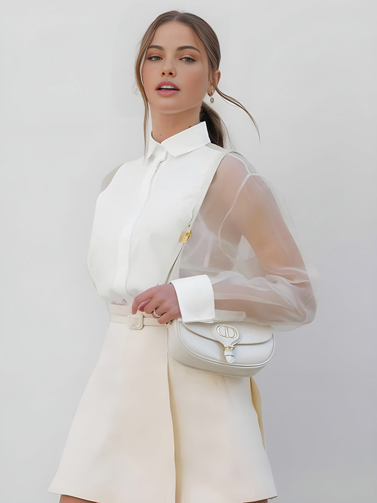 Semi-Sheer Puff Sleeve Organza Shirt