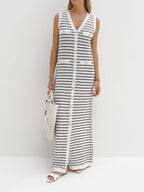 Striped Metal Button Long Sweater Dress