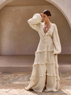 Cotton & Linen Semi-Sheer Ruffle Trim Long Dress