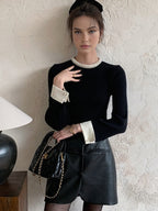 Contrast Trim Pearl-Detail Sweater