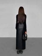 Side Split PU Leather Midi Skirt