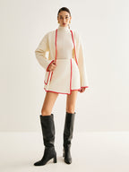 Embroidered Trim Tweed Coat With Matching Scarf