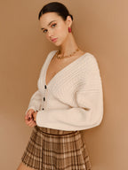 V-Neck Cinched Waist Twist Button Cardigan