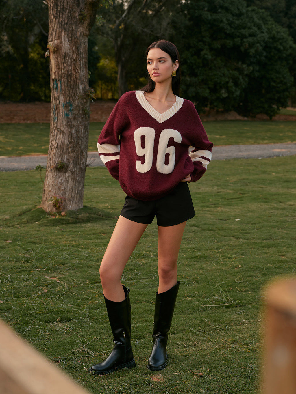 V-Neck Contrast Binding Sweater