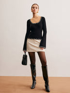 Bell-Sleeve Contrast Trim Knit Top
