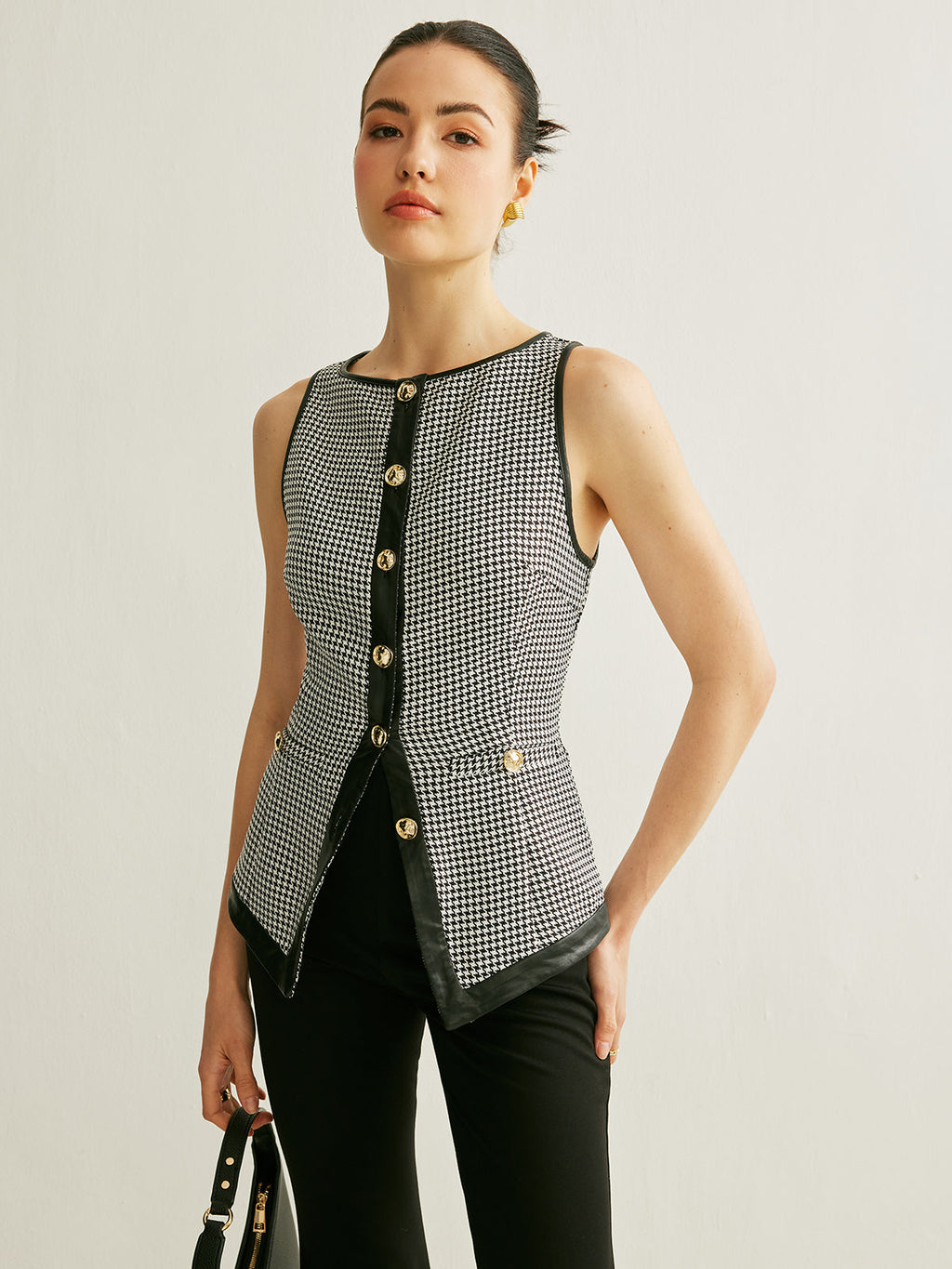 Houndstooth Button Contrast Trim Vest
