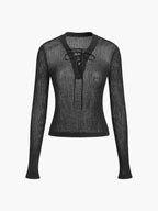 Lace-Up Front Sheer Long Sleeve Sweater