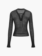 Lace-Up Front Sheer Long Sleeve Sweater