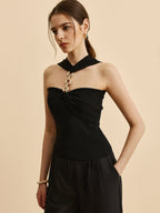 Halter Neck Chain Detail Knit Top