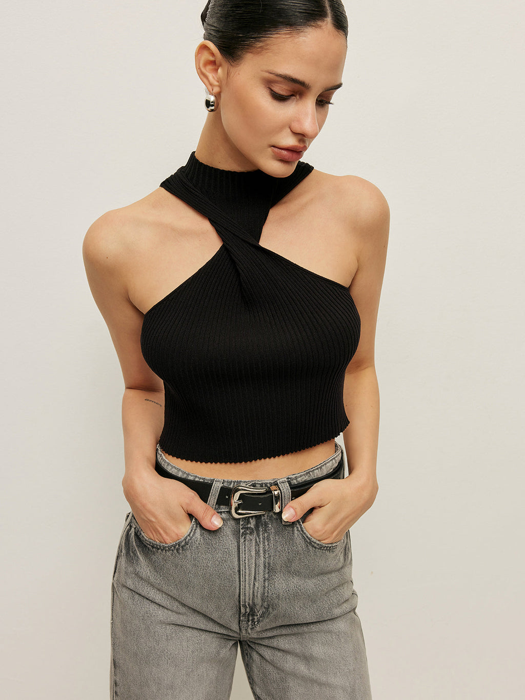 Ribbed Cross Halter Knit Top
