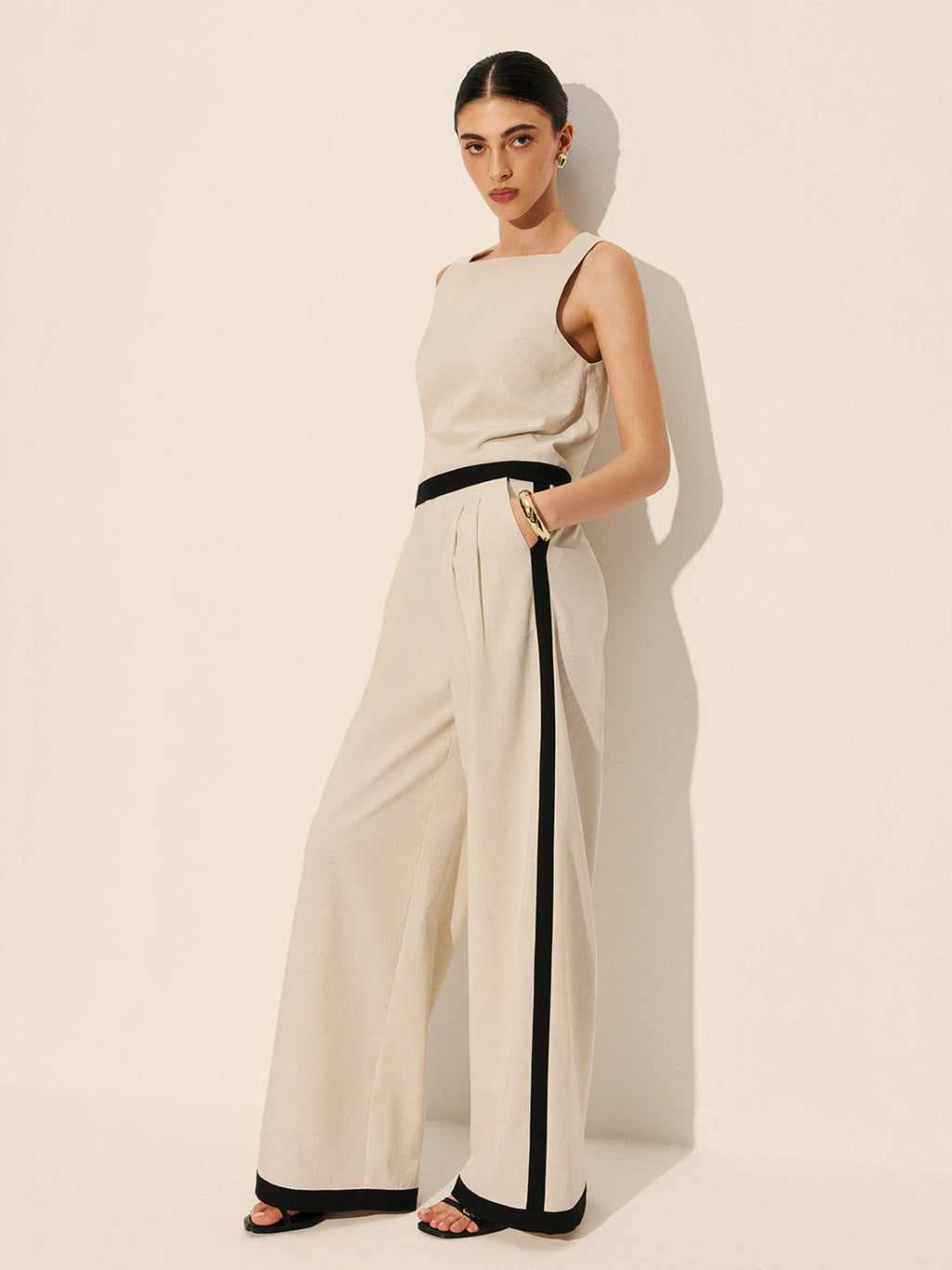 Linen & Cotton Zipper Contrast Binding Pant Set