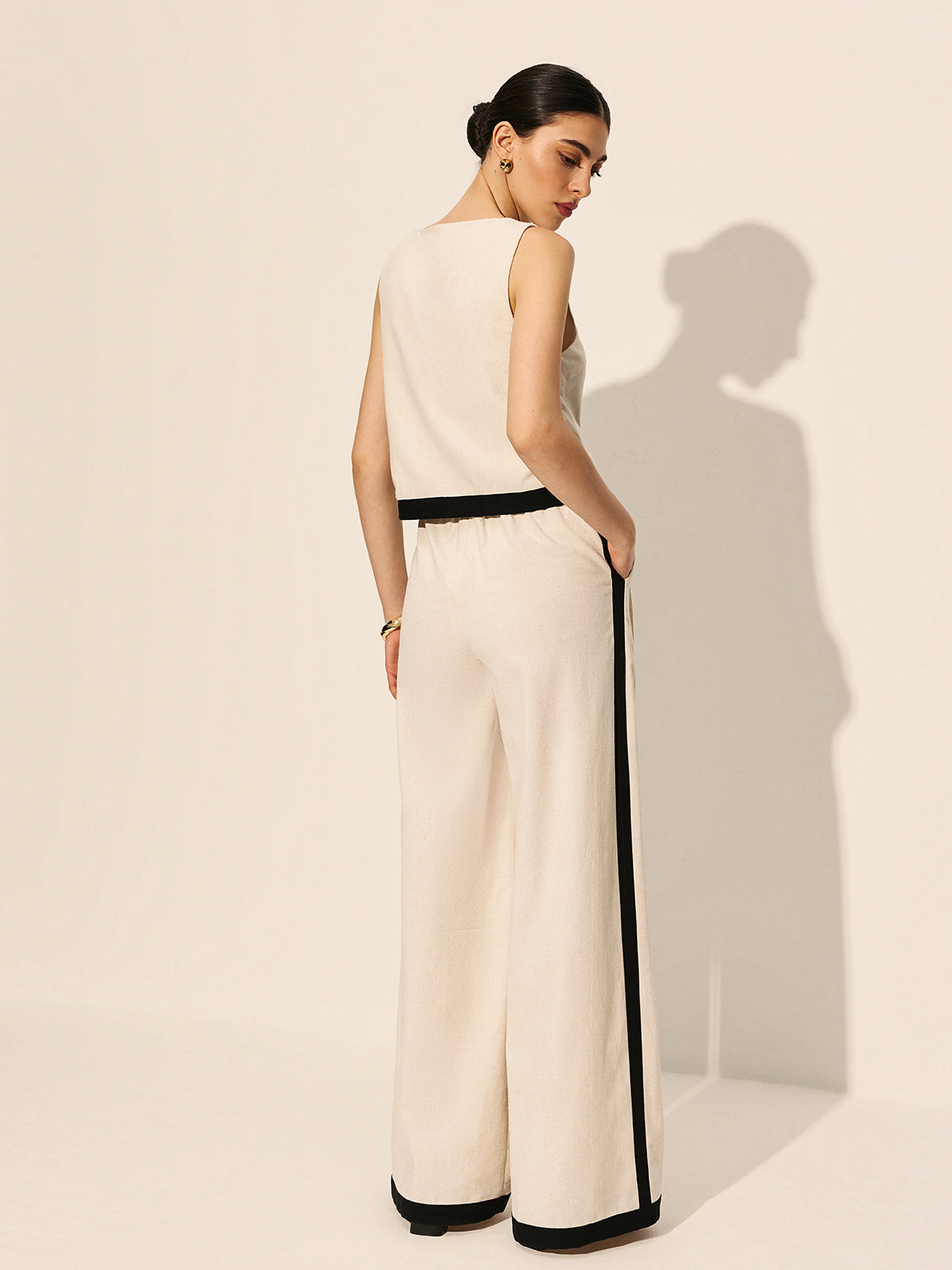 Linen & Cotton Zipper Contrast Binding Pant Set