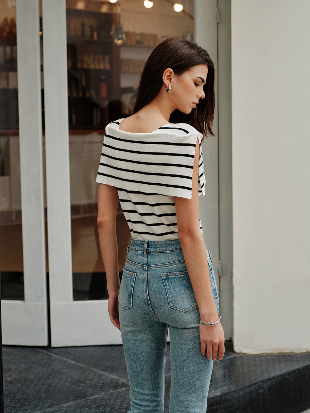 Striped Shawl-Collar Knit Top