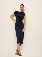 Asymmetrical Neck Metal Waist-Belt Dress