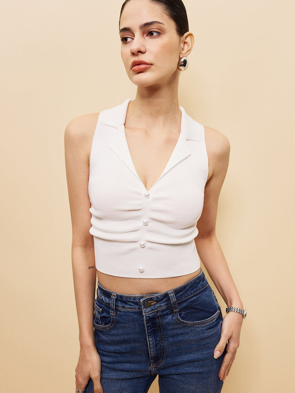 Sleeveless Button-Front Crop Sweater Vest