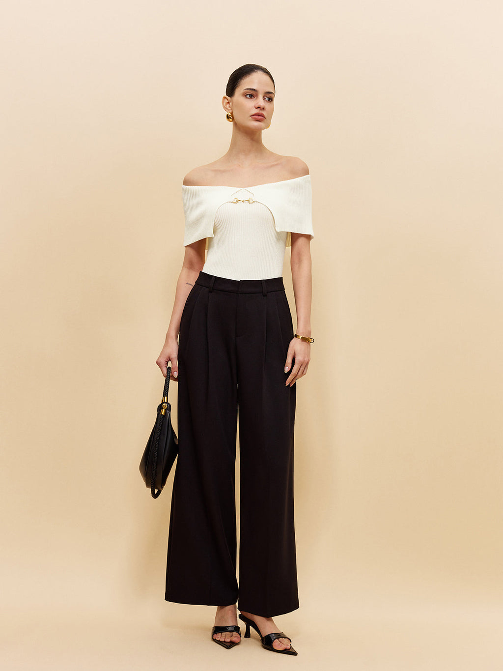 Off-Shoulder Chain Detail Ribbed Knit Top