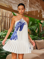 Floral Print Pleated Halter Dress