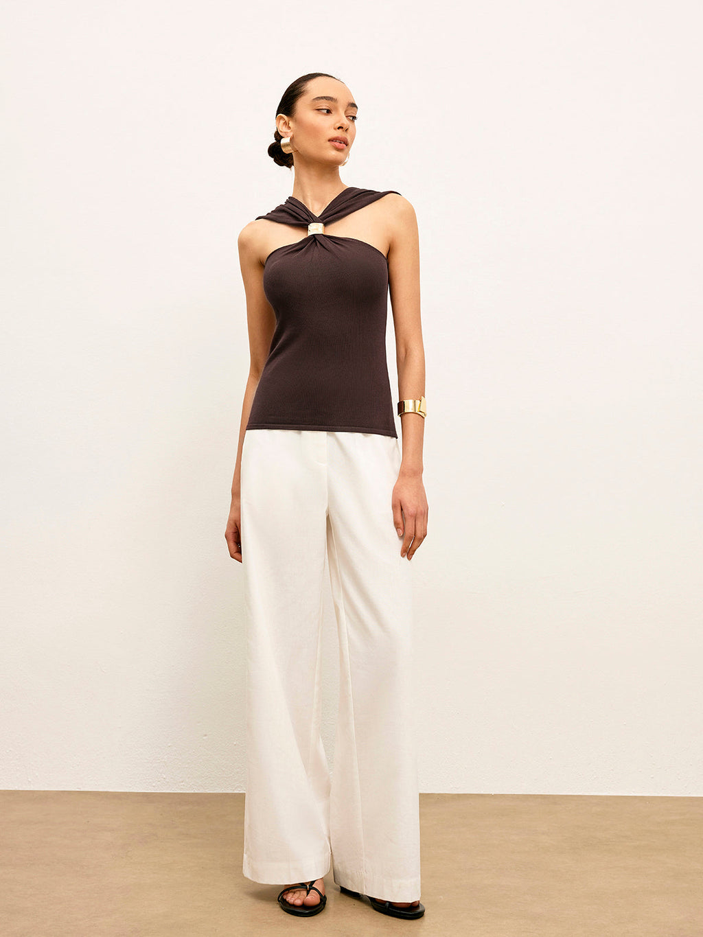 Knitted Twist Front Top With Gold Detail