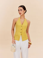 Cotton & Linen Halter Top With Decor Pocket