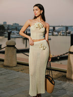 Knit Hollow Ditsy Floral Drawstring Skirt Set