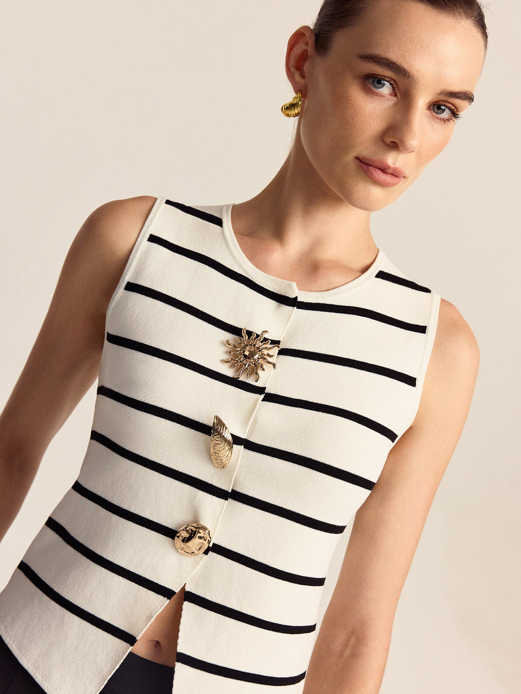 Striped Metal Button Sleeveless Sweater Vest
