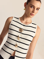 Striped Metal Button Sleeveless Sweater Vest