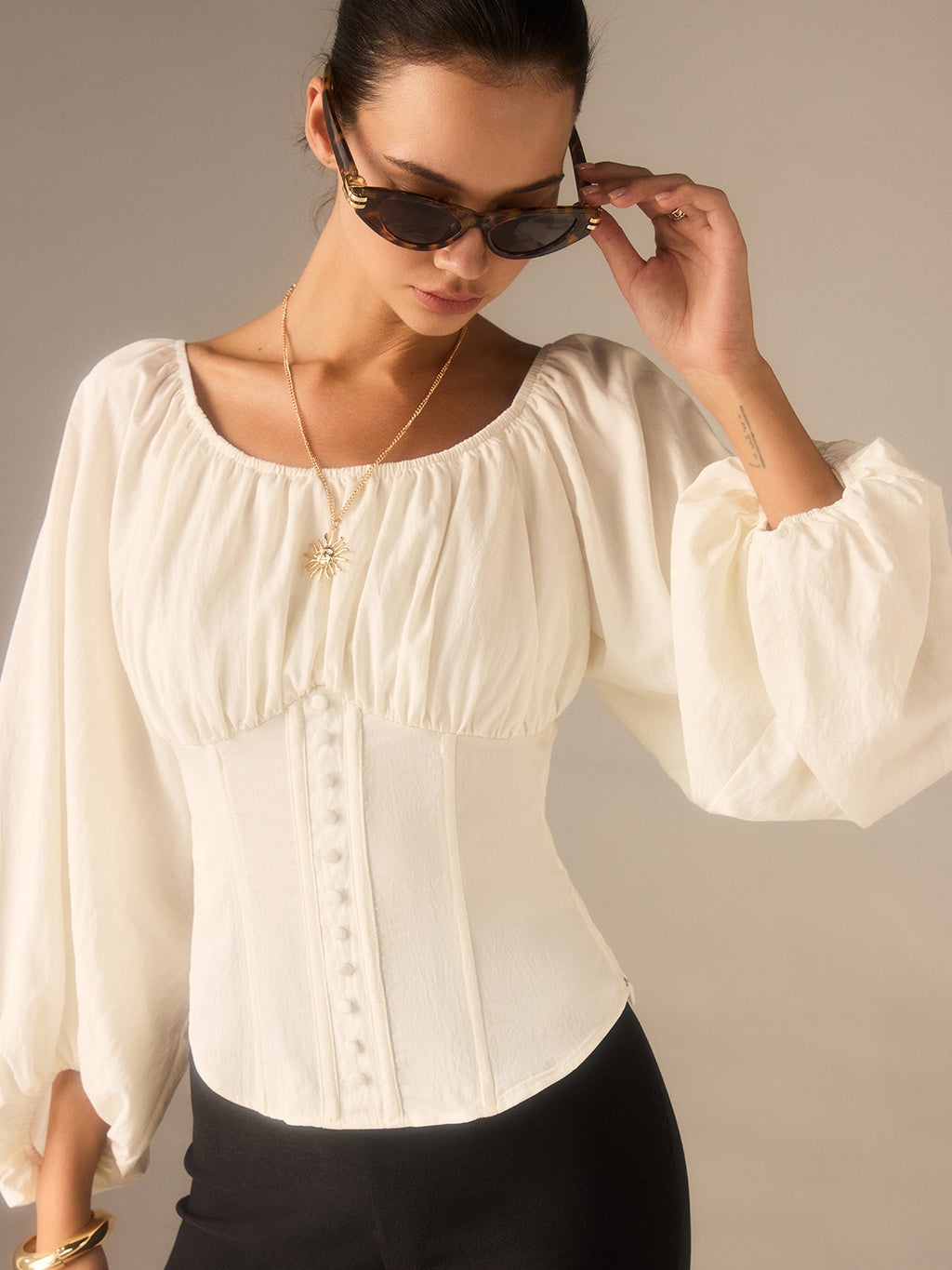 Off-Shoulder Lantern-Sleeve Top with Bow Back