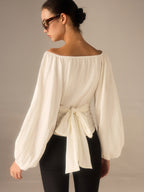 Off-Shoulder Lantern-Sleeve Top with Bow Back