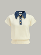 Denim Collar Cinched Knit Top