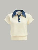 Denim Collar Cinched Knit Top