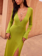 Plunge Neck Slit Midi Dress