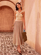 Color-Block Striped Pleated Midi Skirt