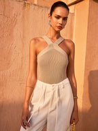Cross-Strap Knit Halter Top