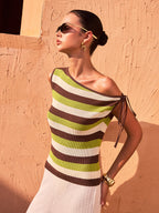 One-Shoulder Striped Knit Top with Tie Detail