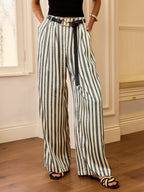 Mid-Waisted Striped Belted Pants