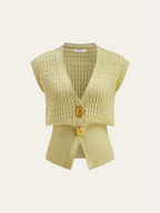 Metal Button Cable Knit Waist-Cinching Vest