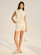 Mock Neck Sleeveless Top and Shorts Set with Floral Cut-Out Details