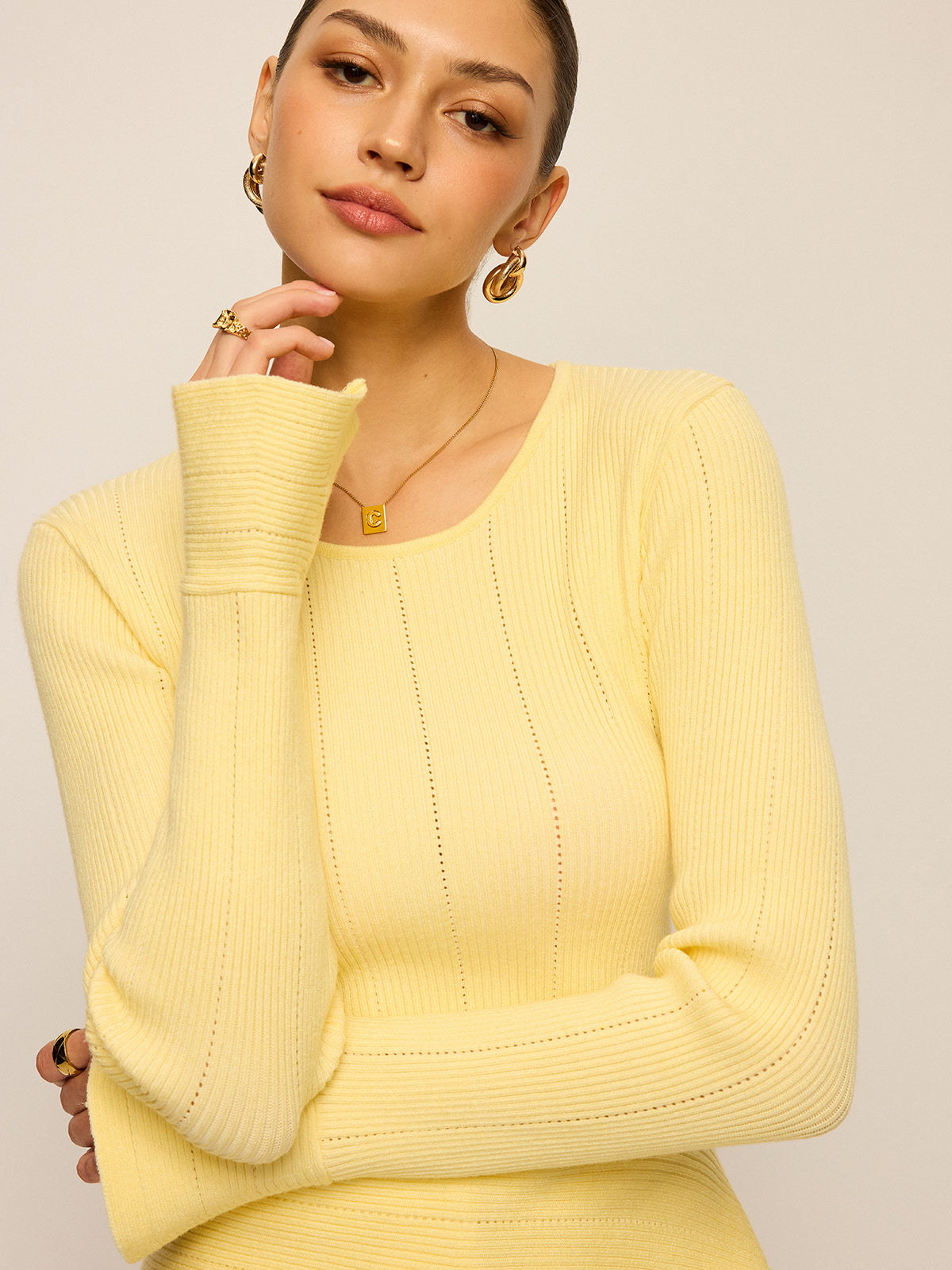 Asymmetric Hem Flare Sleeve Eyelet Sweater