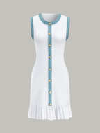 Denim Trim Button-Front Ruffle Hem Midi Dress
