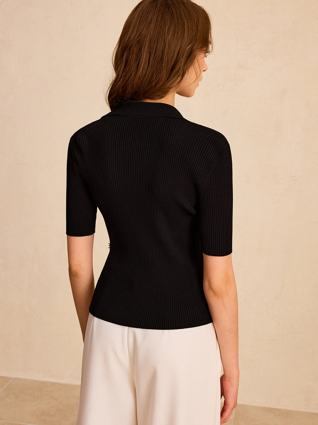 Asymmetric Metal Button Ribbed Knit Polo Top