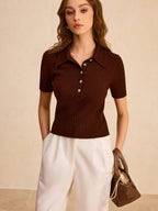 Metal Button Ribbed Knit Polo Top