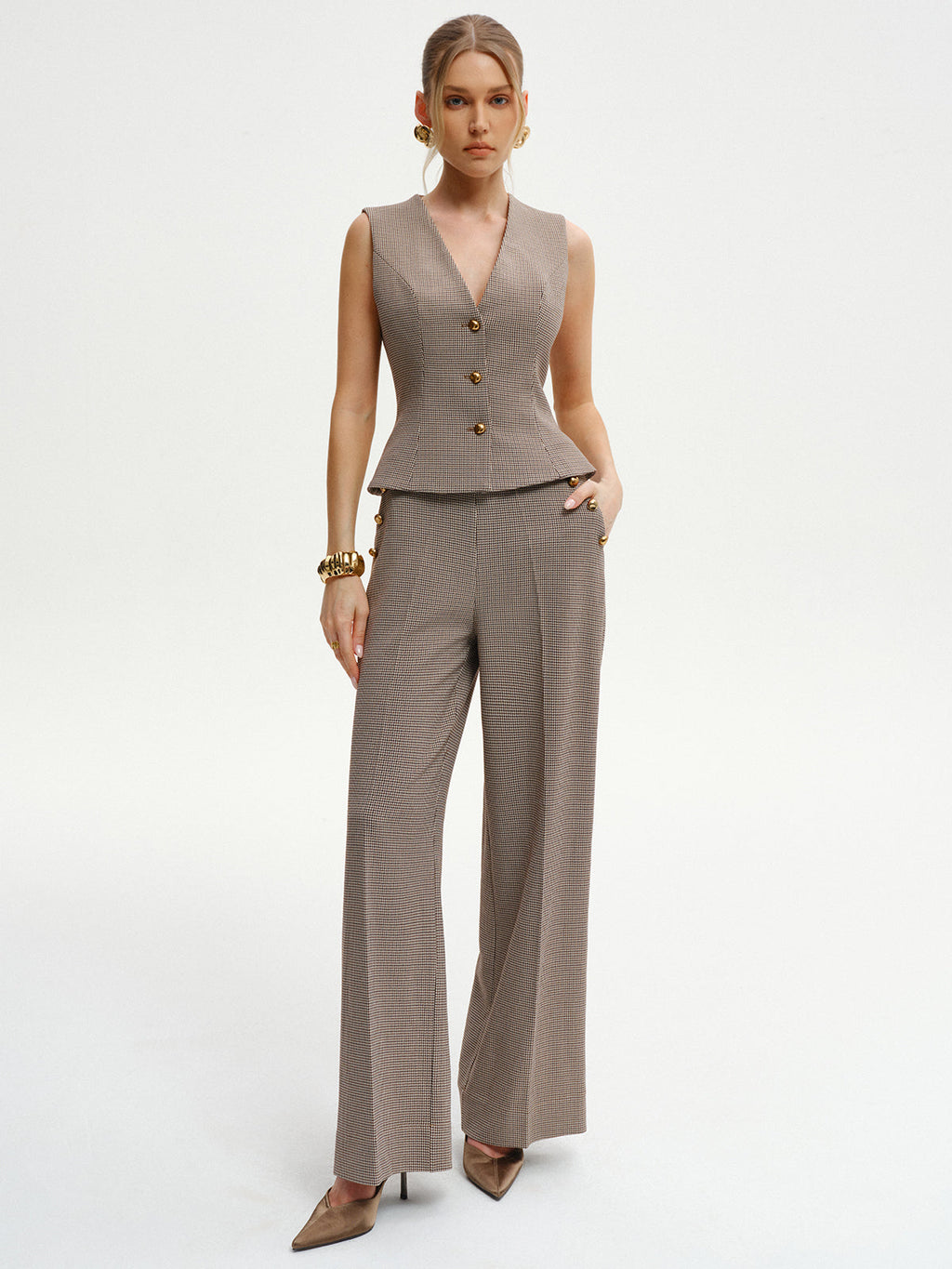 Houndstooth V-Neck Button Vest