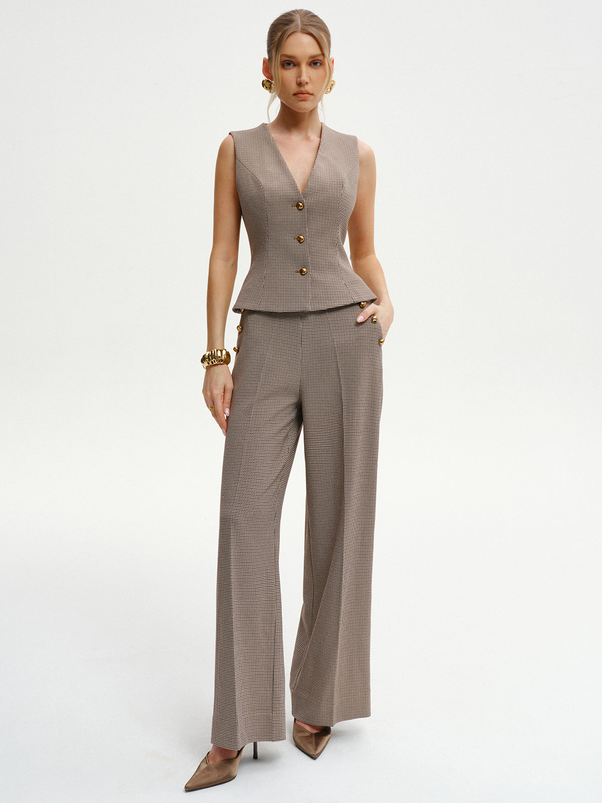 Houndstooth V-Neck Button Vest