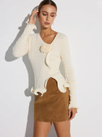 3D Floral Ruffled Hem Knit Top