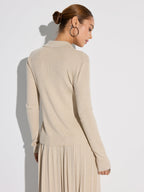 Ribbed Wool Blend Polo Collar Cardigan
