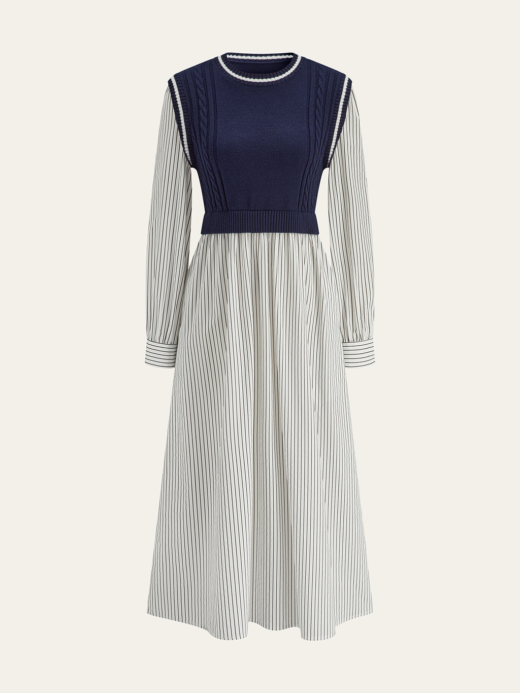 2 in 1 Cable-Knit Paneled Striped Midi Dress