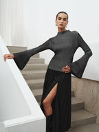 Flared Sleeve Striped Mock Neck Sweater