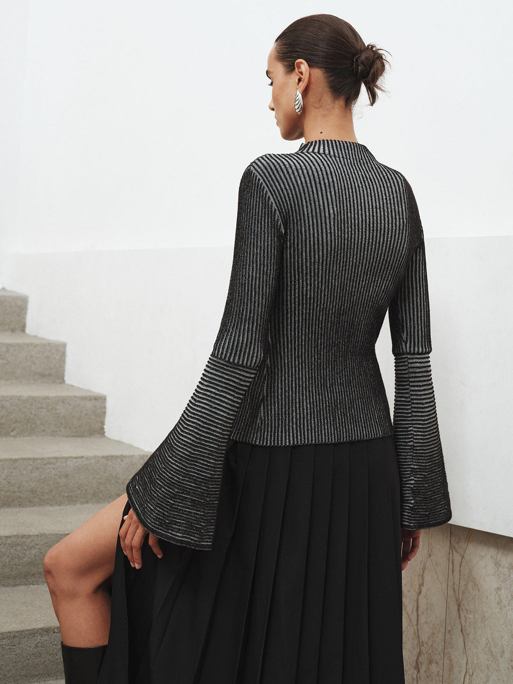 Flared Sleeve Striped Mock Neck Sweater