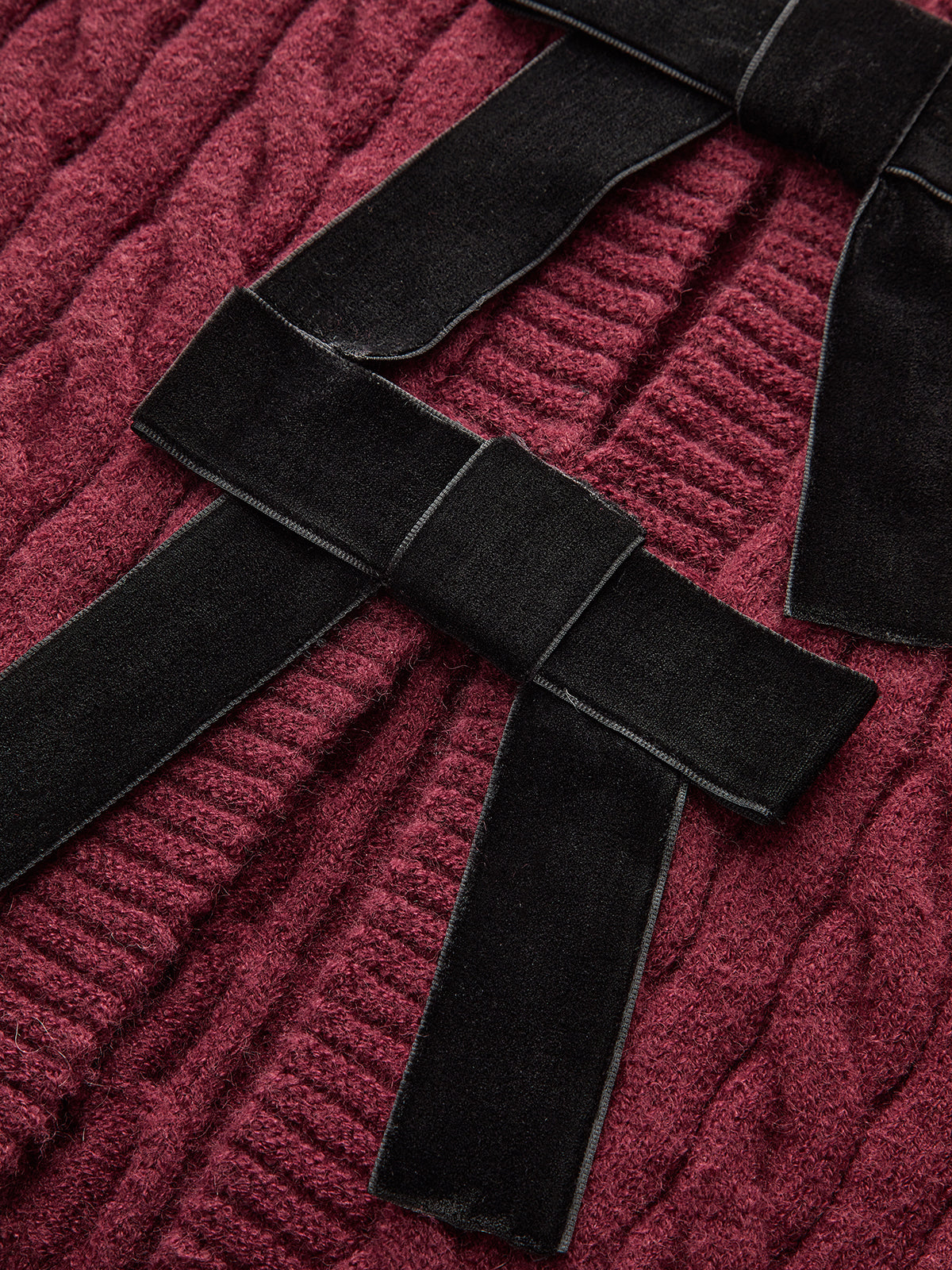 Velvet Bow Cable Knit Cardigan
